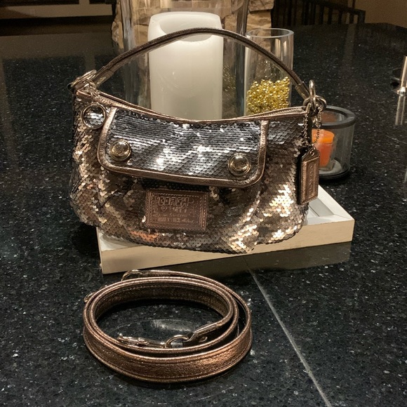 RARE COACH POPPY Vintage Y2K silver sequin crossbody with detachable strap EUC - Picture 1 of 13